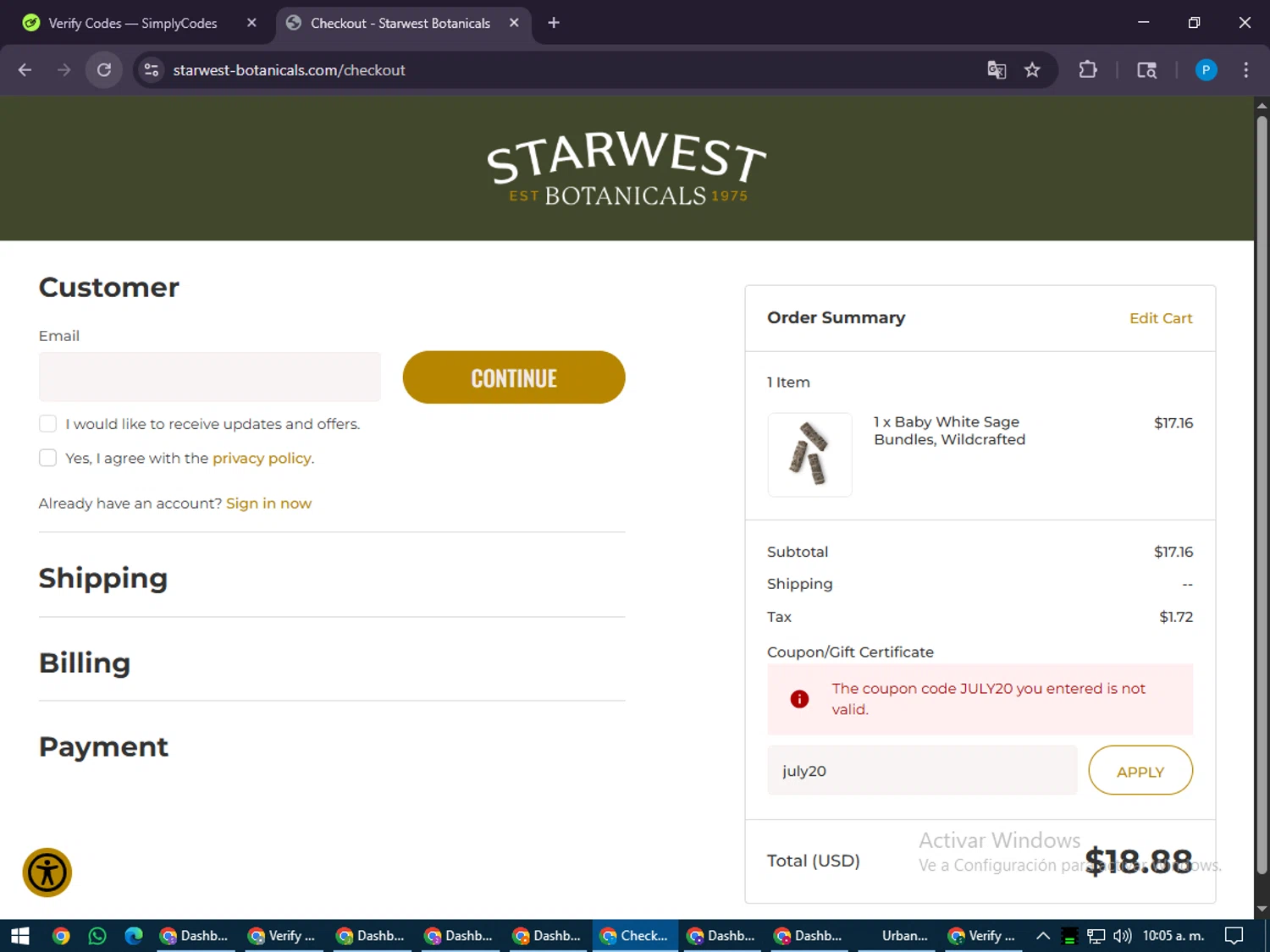Starwest Botanicals coupon code screenshot showing code july20 applied at Starwest Botanicals checkout page. Uploaded by SimplyCodes community member juiceWRLD on Jul 30, 2025
