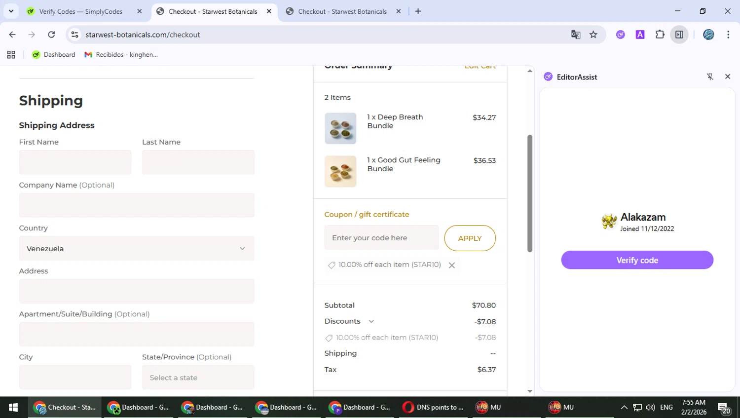 Starwest Botanicals checkout page showing Starwest Botanicals coupon code box | Screenshot taken by SimplyCodes community member on Feb 2, 2026