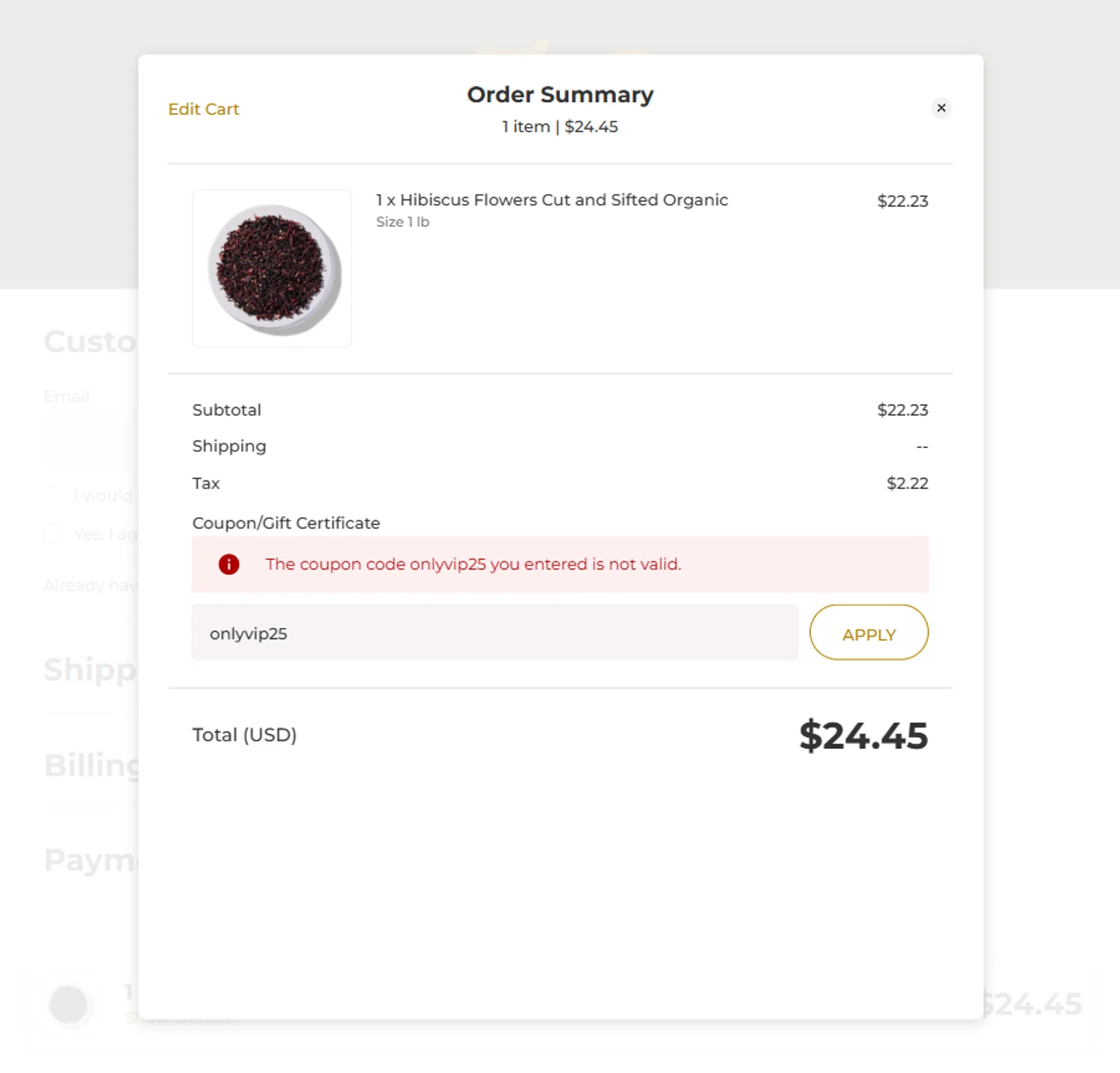 Starwest Botanicals coupon code screenshot showing code onlyvip25 applied at Starwest Botanicals checkout page. Uploaded by SimplyCodes community member BeaMartinez on Nov 8, 2025