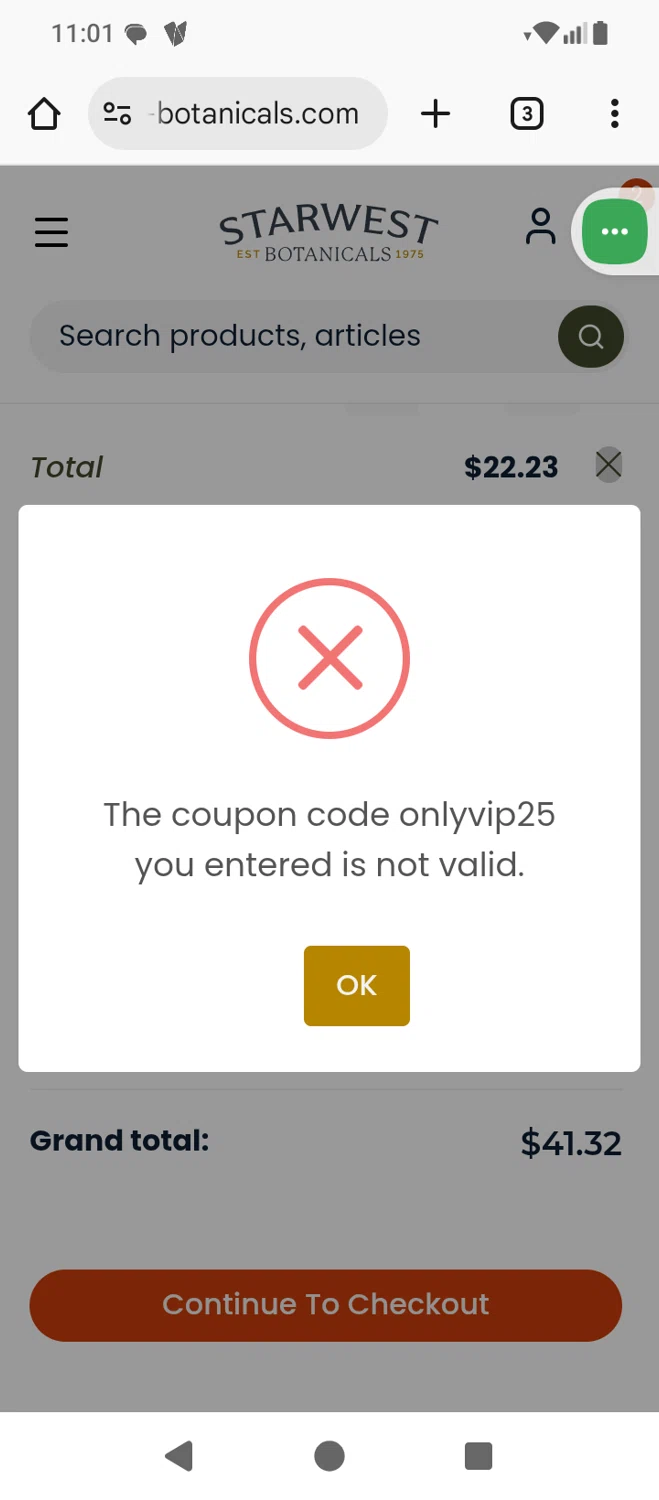 Starwest Botanicals coupon code screenshot showing code onlyvip25 applied at Starwest Botanicals checkout page. Uploaded by SimplyCodes community member NavarroGonzalez on Nov 8, 2025