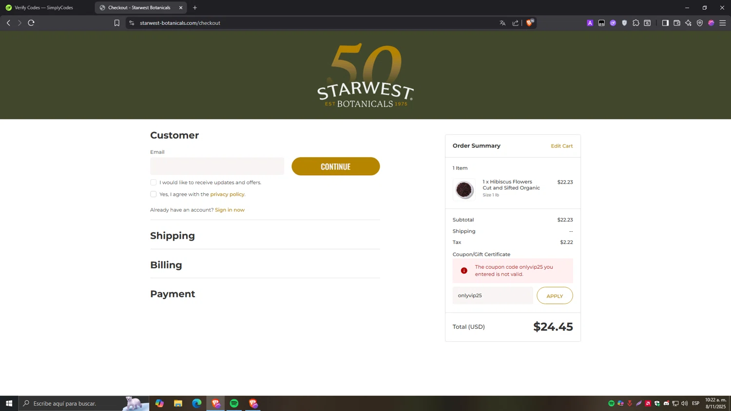 Starwest Botanicals coupon code screenshot showing code onlyvip25 applied at Starwest Botanicals checkout page. Uploaded by SimplyCodes community member Tragedy on Nov 8, 2025