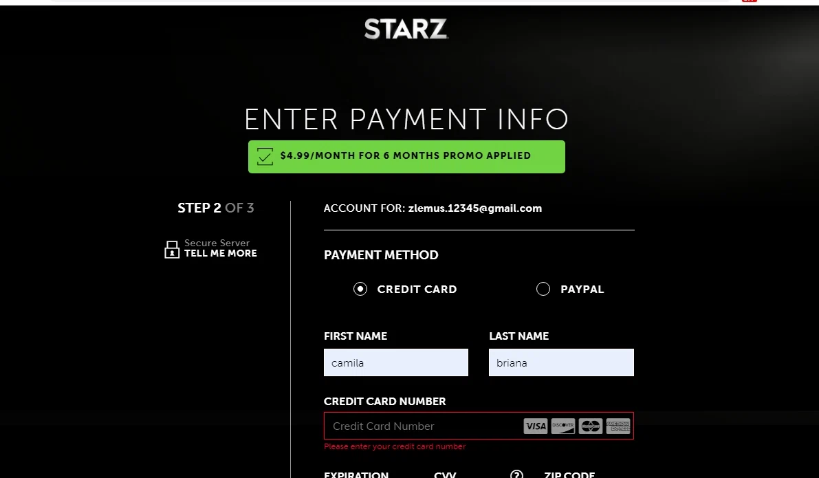 Starz checkout page showing Starz discount code box | Screenshot taken by SimplyCodes community member on Mar 24, 2021