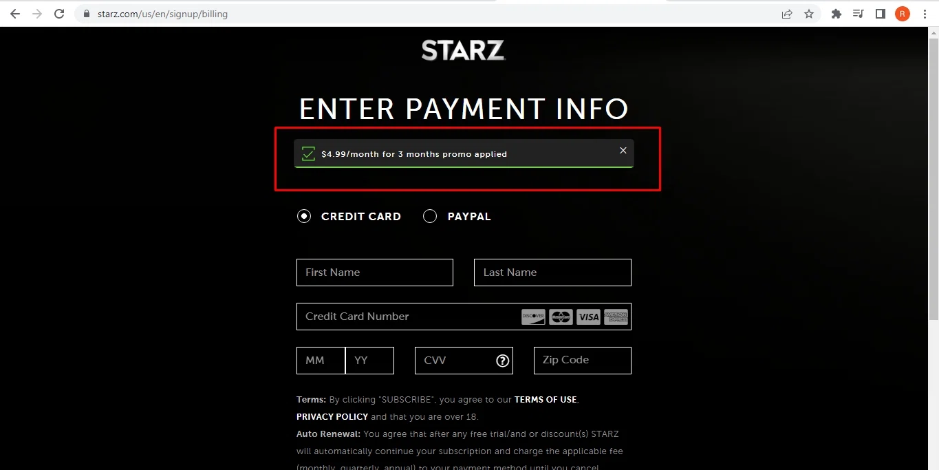 Starz checkout page showing Starz discount code box | Screenshot taken by SimplyCodes community member on Aug 26, 2022