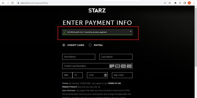 Starz checkout page showing Starz discount code box | Screenshot taken by SimplyCodes community member on Aug 26, 2022