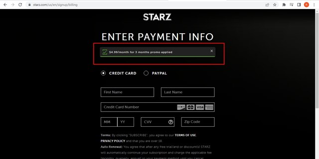 Starz checkout page showing Starz discount code box | Screenshot taken by SimplyCodes community member on Aug 26, 2022