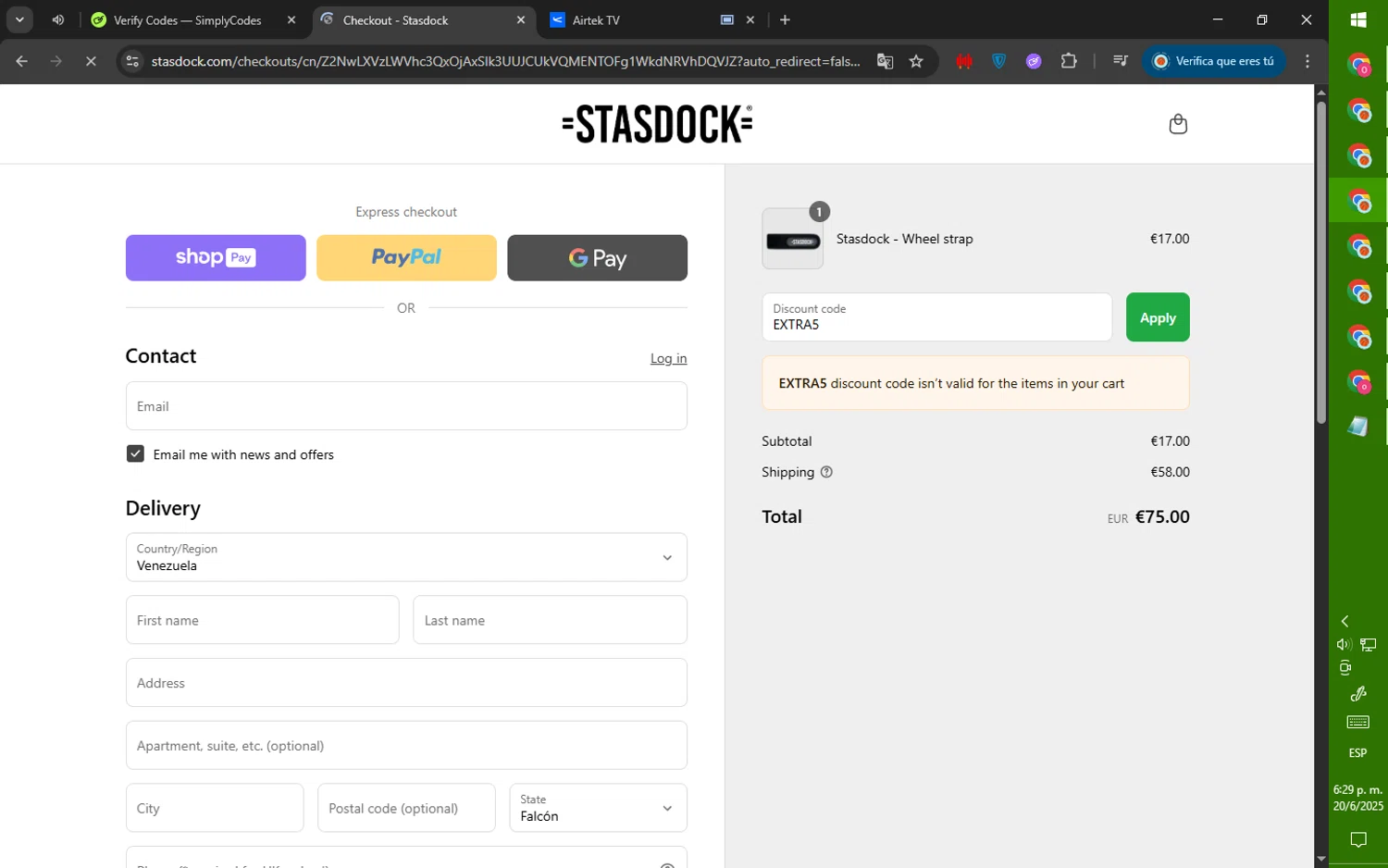 Stasdock promo code screenshot showing code EXTRA5 applied at Stasdock checkout page. Uploaded by SimplyCodes community member ValiantWarden8956 on Jun 20, 2025