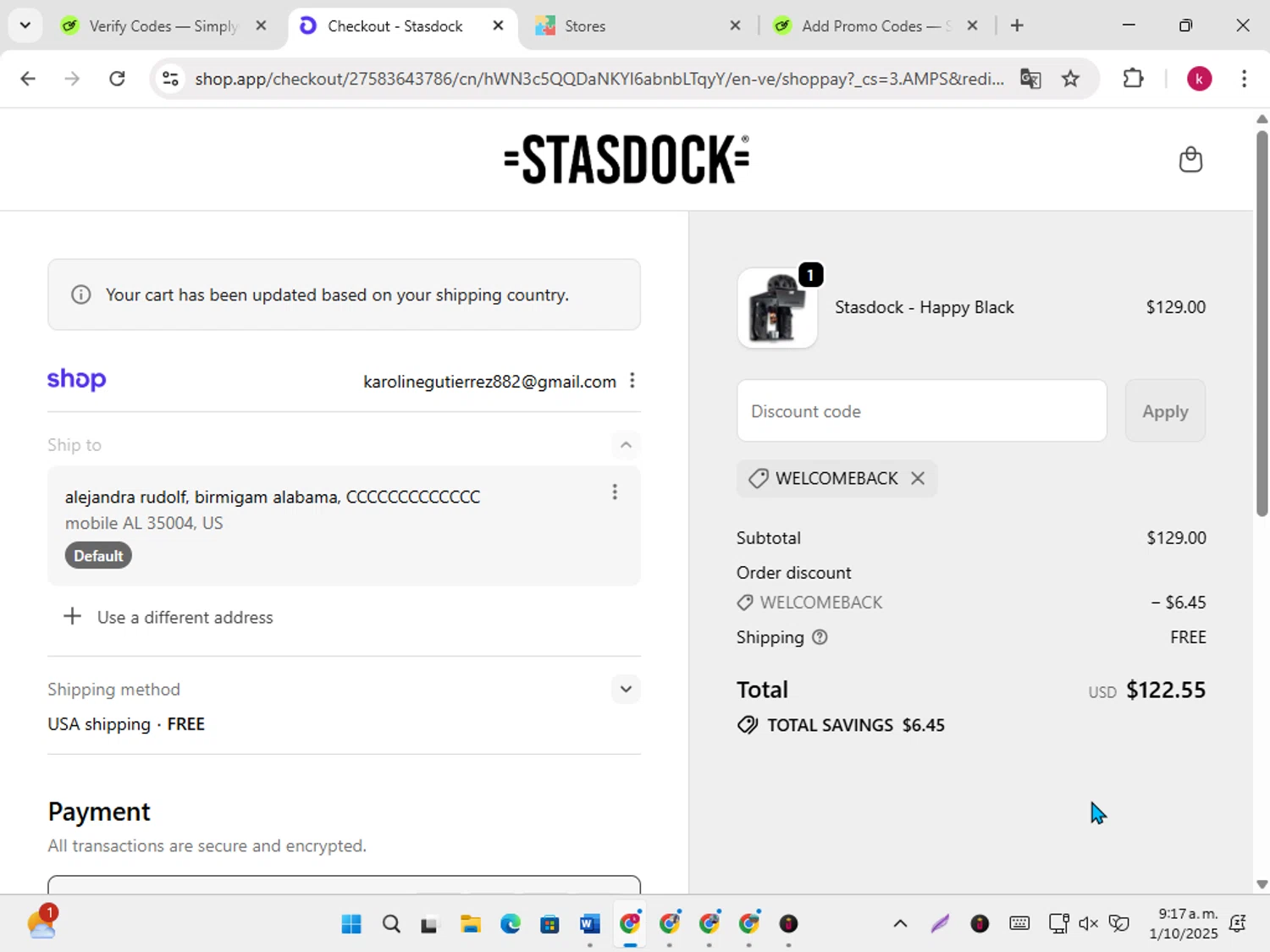 Stasdock promo code screenshot showing code WELCOMEBACK applied at Stasdock checkout page. Uploaded by SimplyCodes community member karoline on Oct 1, 2025