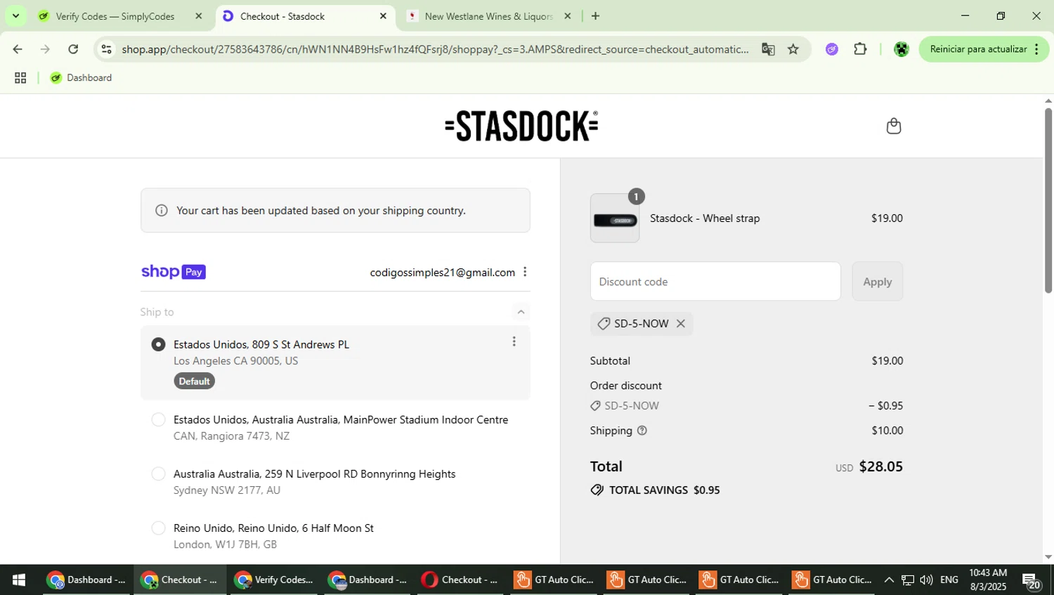Stasdock promo code screenshot showing code Sd-5-now applied at Stasdock checkout page. Uploaded by SimplyCodes community member MaitoGai on Aug 3, 2025