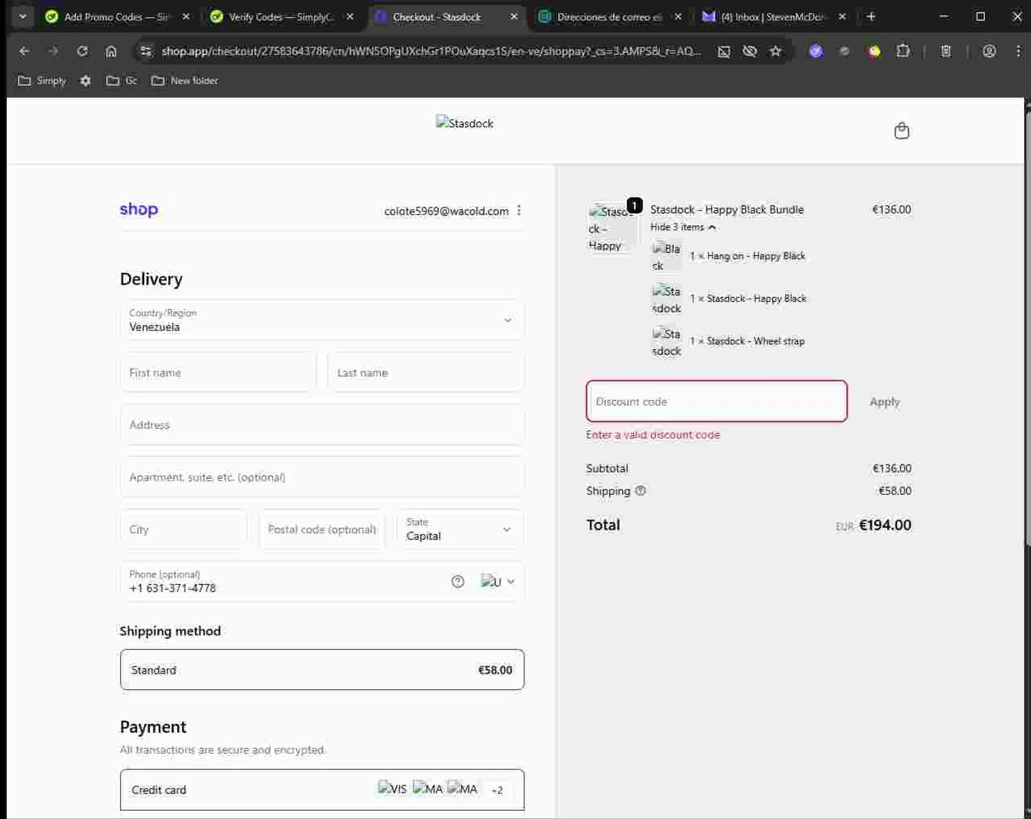 Stasdock promo code screenshot showing code FREEWHEEL applied at Stasdock checkout page. Uploaded by SimplyCodes community member Deadpool on Nov 17, 2025