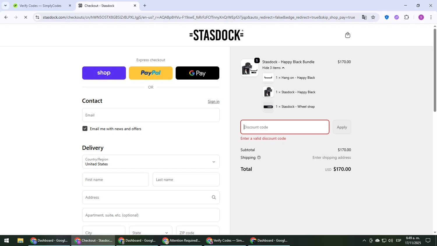 Stasdock promo code screenshot showing code FREEWHEEL applied at Stasdock checkout page. Uploaded by SimplyCodes community member Son_Goku on Nov 17, 2025