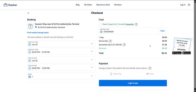 Stasher Luggage checkout page showing Stasher Luggage coupon code box | Screenshot taken by SimplyCodes community member on Jun 20, 2025