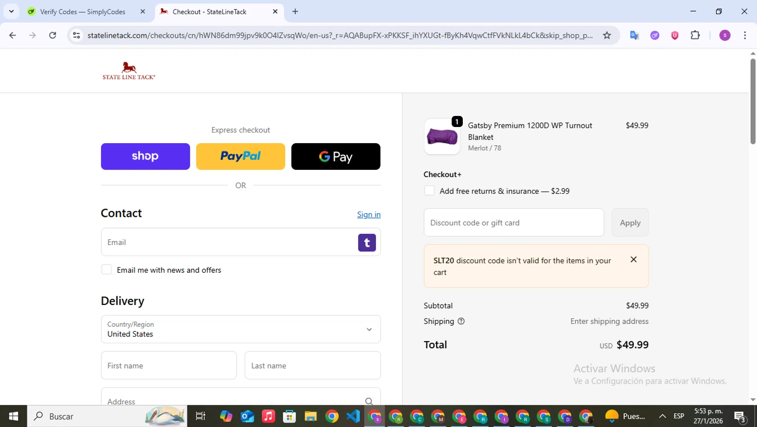 State Line Tack promo code screenshot showing code slt20 applied at State Line Tack checkout page. Uploaded by SimplyCodes community member WonderPioneer5062 on Jan 27, 2026