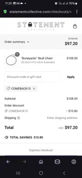 Comeback10 coupon verification screenshot