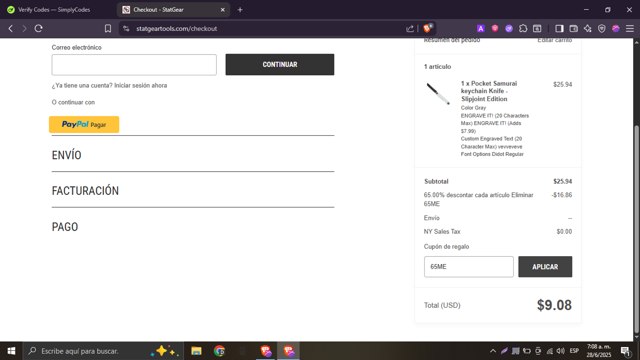 Statgear checkout page showing Statgear coupon code box | Screenshot taken by SimplyCodes community member on Jun 28, 2025