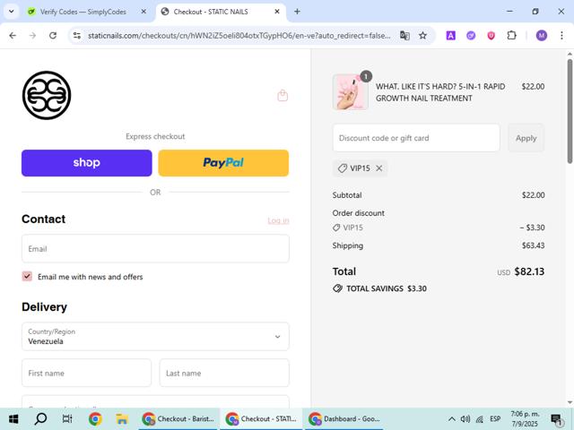 Static Nails checkout page showing Static Nails promo code box | Screenshot taken by SimplyCodes community member on Sep 7, 2025
