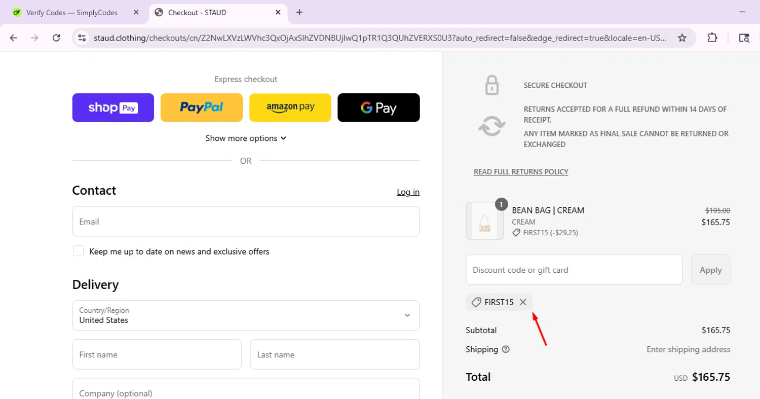 Staud promo code screenshot showing code FIRST15 applied at Staud checkout page. Uploaded by SimplyCodes community member CoinSage1043 on Jun 17, 2025