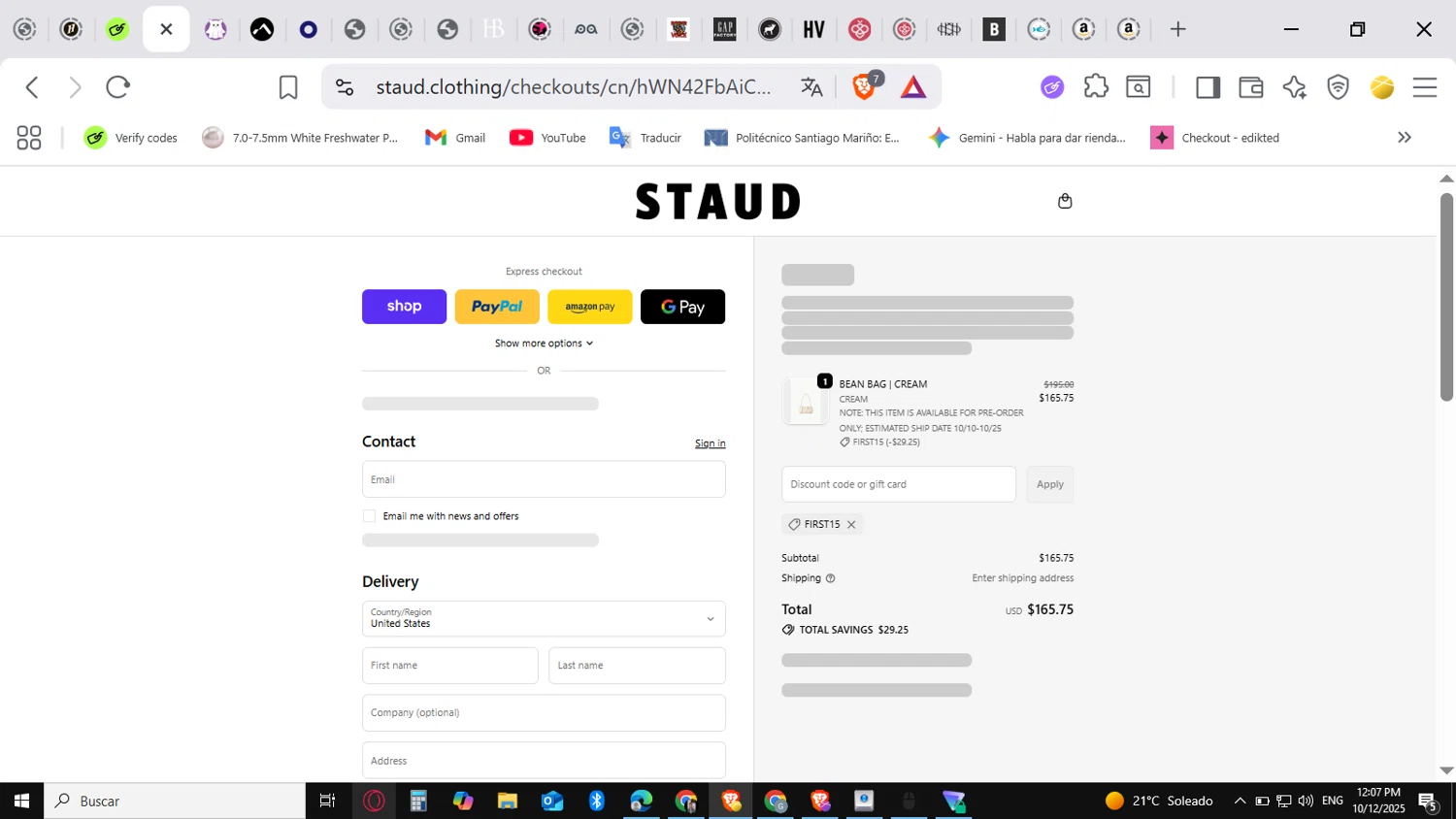 Staud promo code screenshot showing code FIRST15 applied at Staud checkout page. Uploaded by SimplyCodes community member conorgrey on Oct 12, 2025