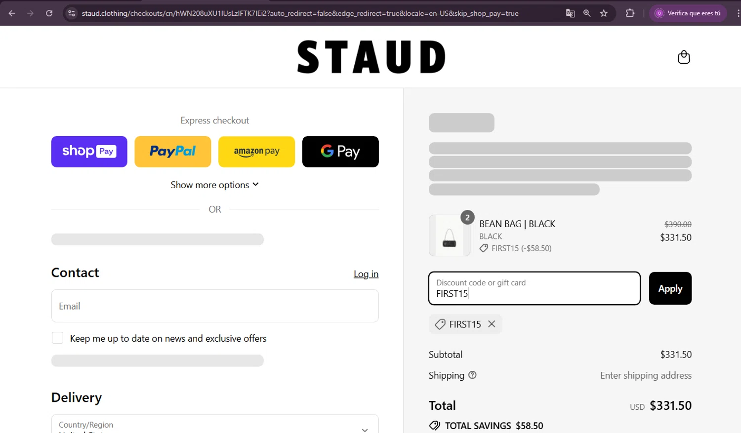 Staud promo code screenshot showing code FIRST15 applied at Staud checkout page. Uploaded by SimplyCodes community member oder007 on Aug 20, 2025