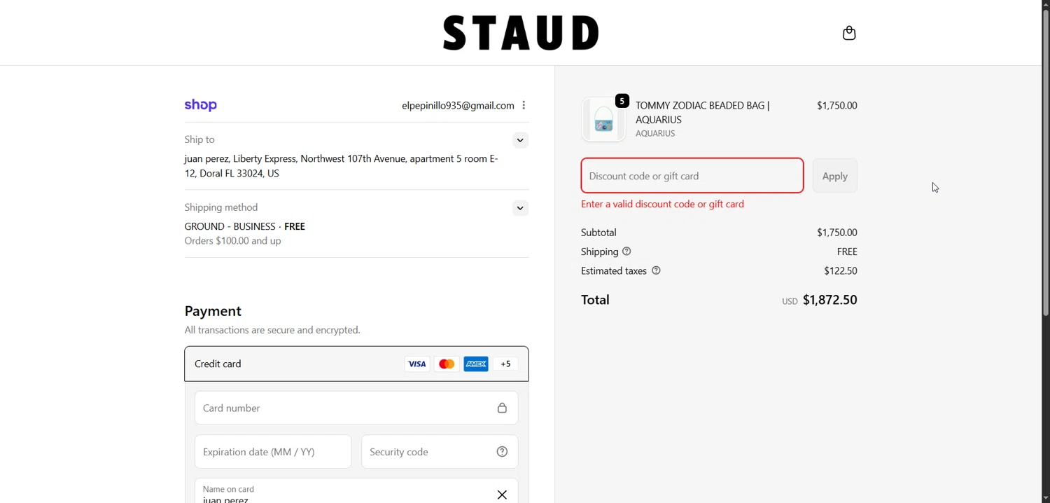 Staud promo code screenshot showing code EXTRA25 applied at Staud checkout page. Uploaded by SimplyCodes community member Enmanuel99 on Jan 4, 2026