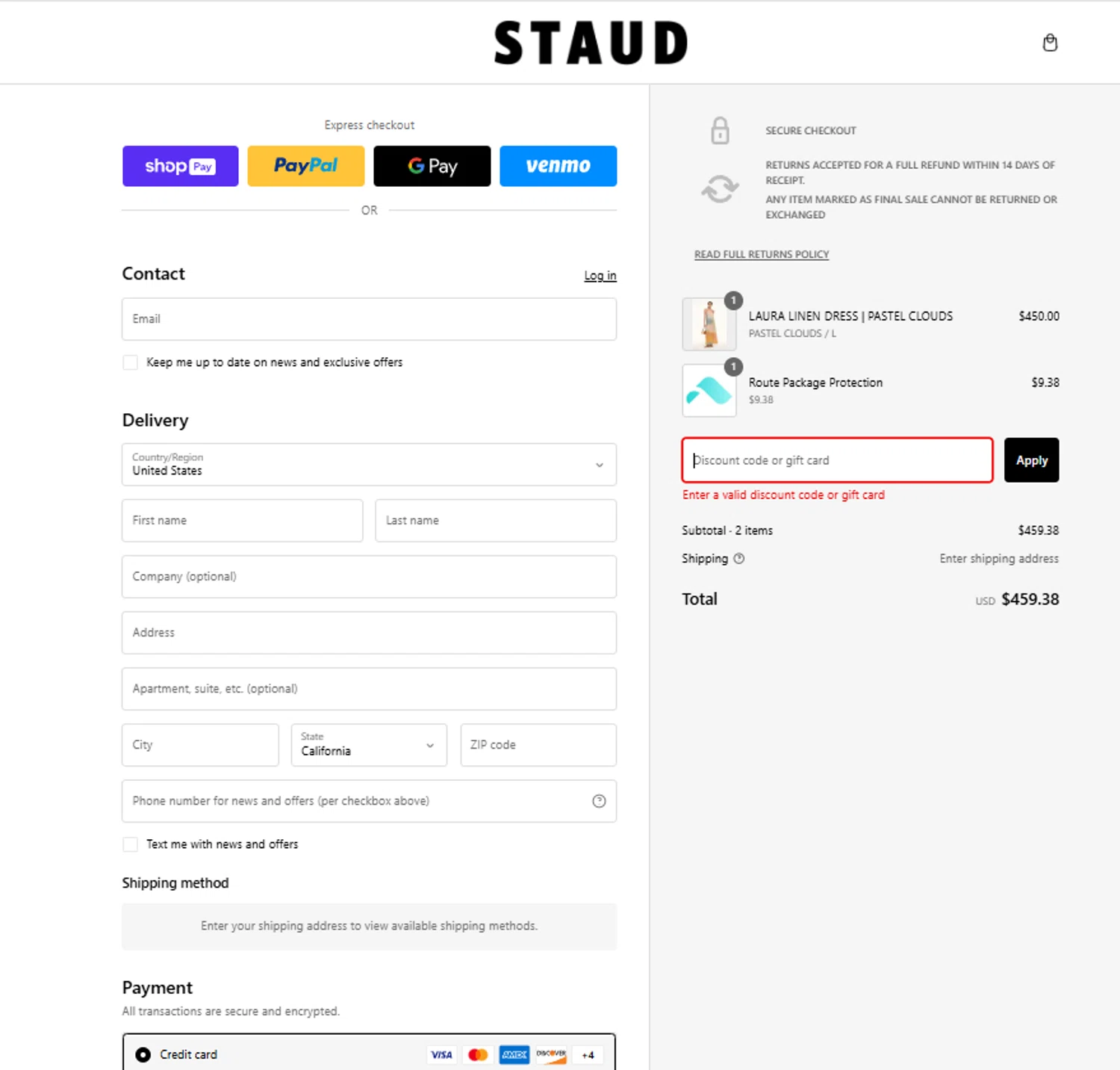 Staud promo code screenshot showing code EXTRA25 applied at Staud checkout page. Uploaded by SimplyCodes community member Tortugasninja on Mar 4, 2025