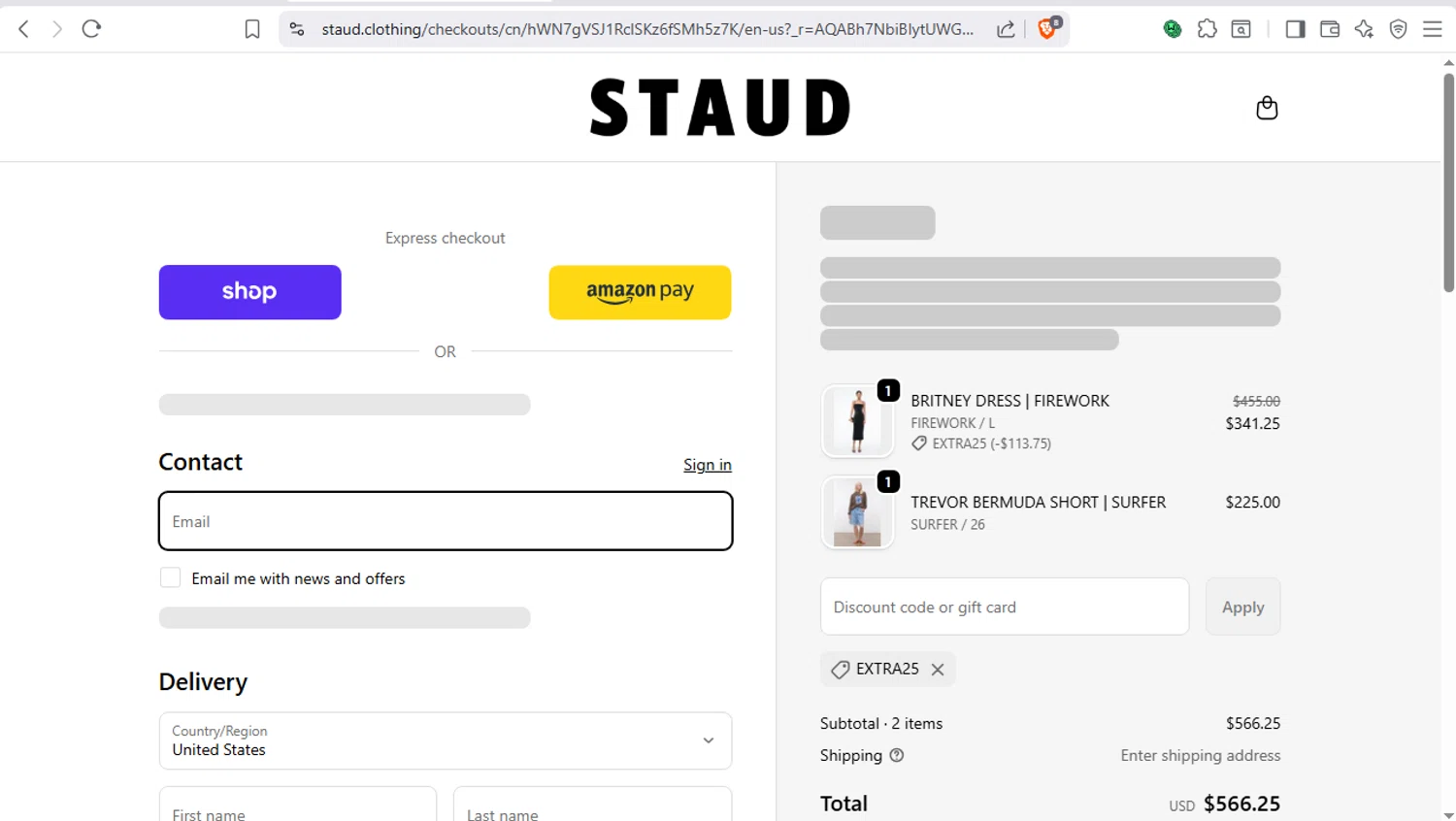 Staud checkout page showing Staud promo code box | Screenshot taken by SimplyCodes community member on Jan 16, 2026