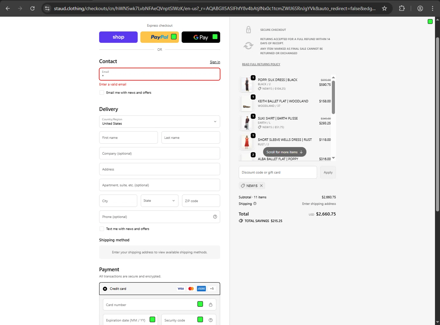 Staud promo code screenshot showing code NEW15 applied at Staud checkout page. Uploaded by SimplyCodes community member kaiserser on Dec 2, 2025