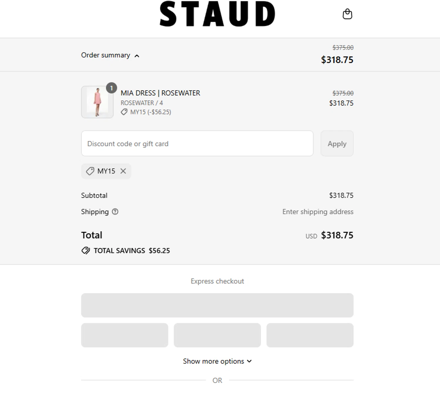 Staud promo code screenshot showing code MY15 applied at Staud checkout page. Uploaded by SimplyCodes community member Powerrangerazul on Sep 1, 2025