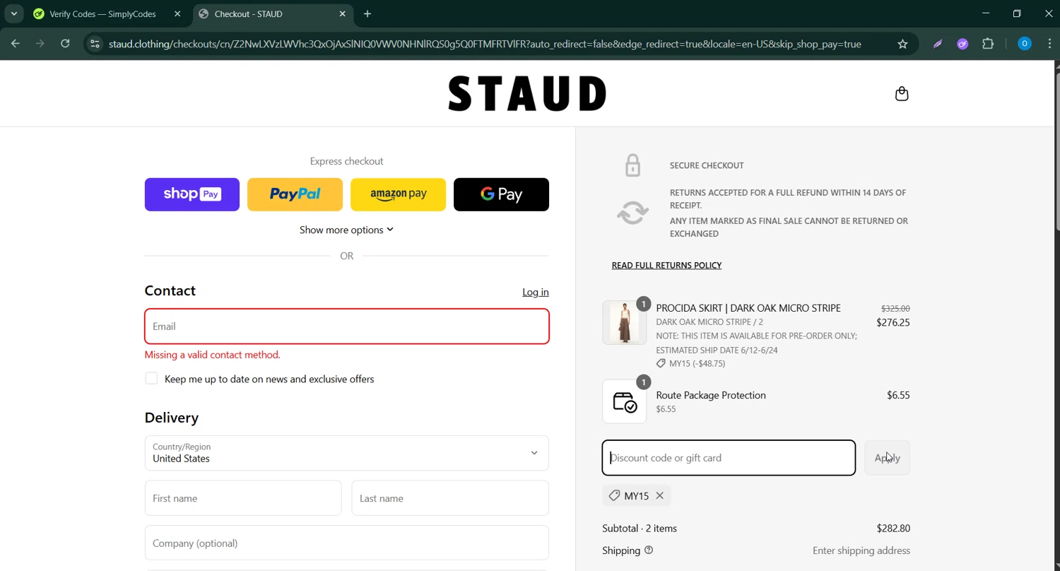 Staud promo code screenshot showing code MY15 applied at Staud checkout page. Uploaded by SimplyCodes community member CodeScholar4340 on Apr 23, 2025