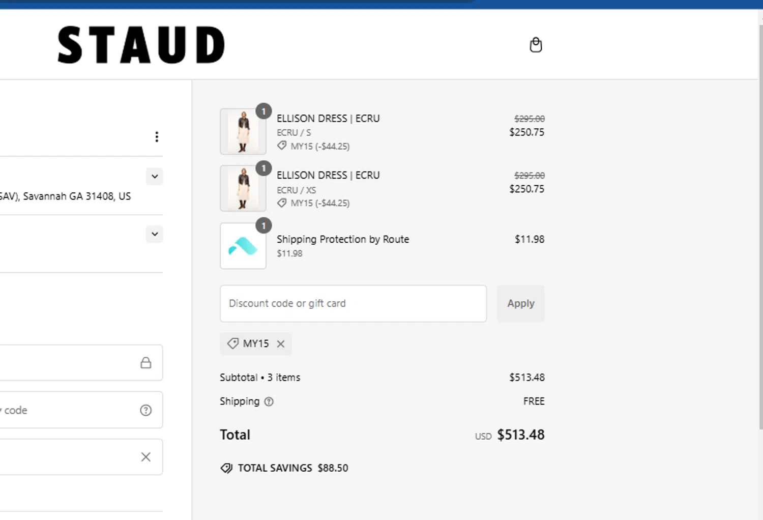 Staud promo code screenshot showing code MY15 applied at Staud checkout page. Uploaded by SimplyCodes community member FrugalVirtuoso6318 on Jan 26, 2025