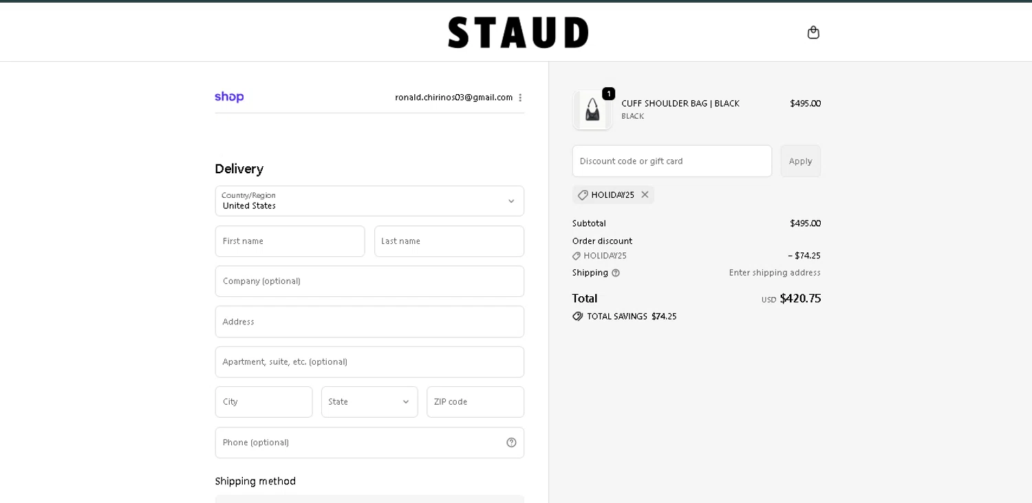 Staud promo code screenshot showing code HOLIDAY25 applied at Staud checkout page. Uploaded by SimplyCodes community member GoldAce6962 on Dec 7, 2025