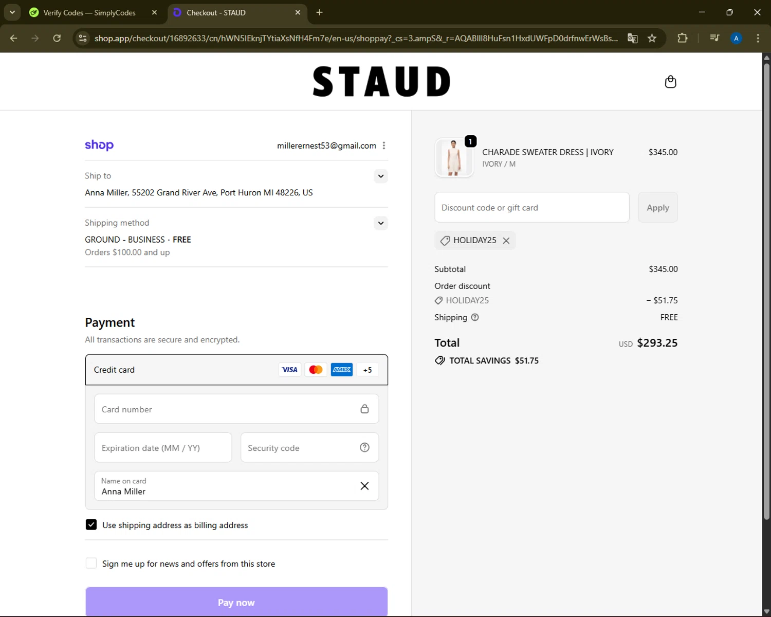 Staud promo code screenshot showing code HOLIDAY25 applied at Staud checkout page. Uploaded by SimplyCodes community member ShrewdMaestro6940 on Nov 14, 2025