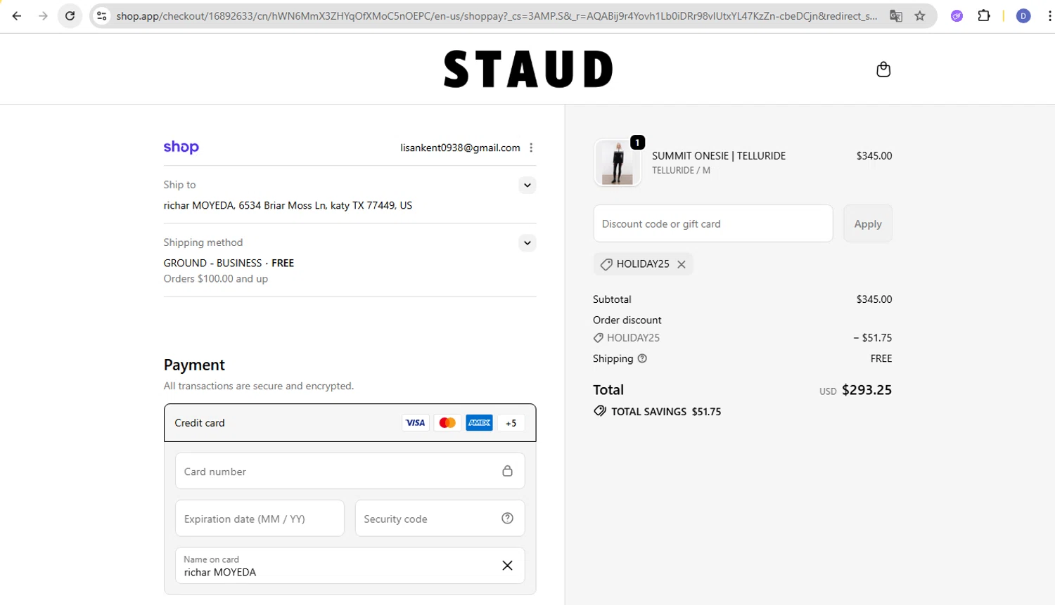 Staud promo code screenshot showing code HOLIDAY25 applied at Staud checkout page. Uploaded by SimplyCodes community member d566ty on Dec 13, 2025