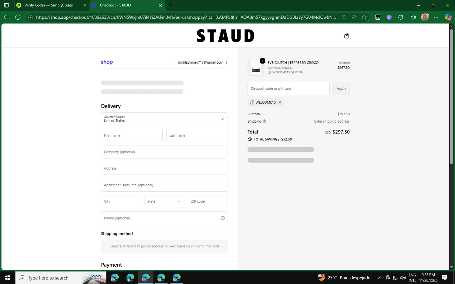 Staud promo code screenshot showing code WELCOME15 applied at Staud checkout page. Uploaded by SimplyCodes community member CouponPro4243 on Nov 21, 2025
