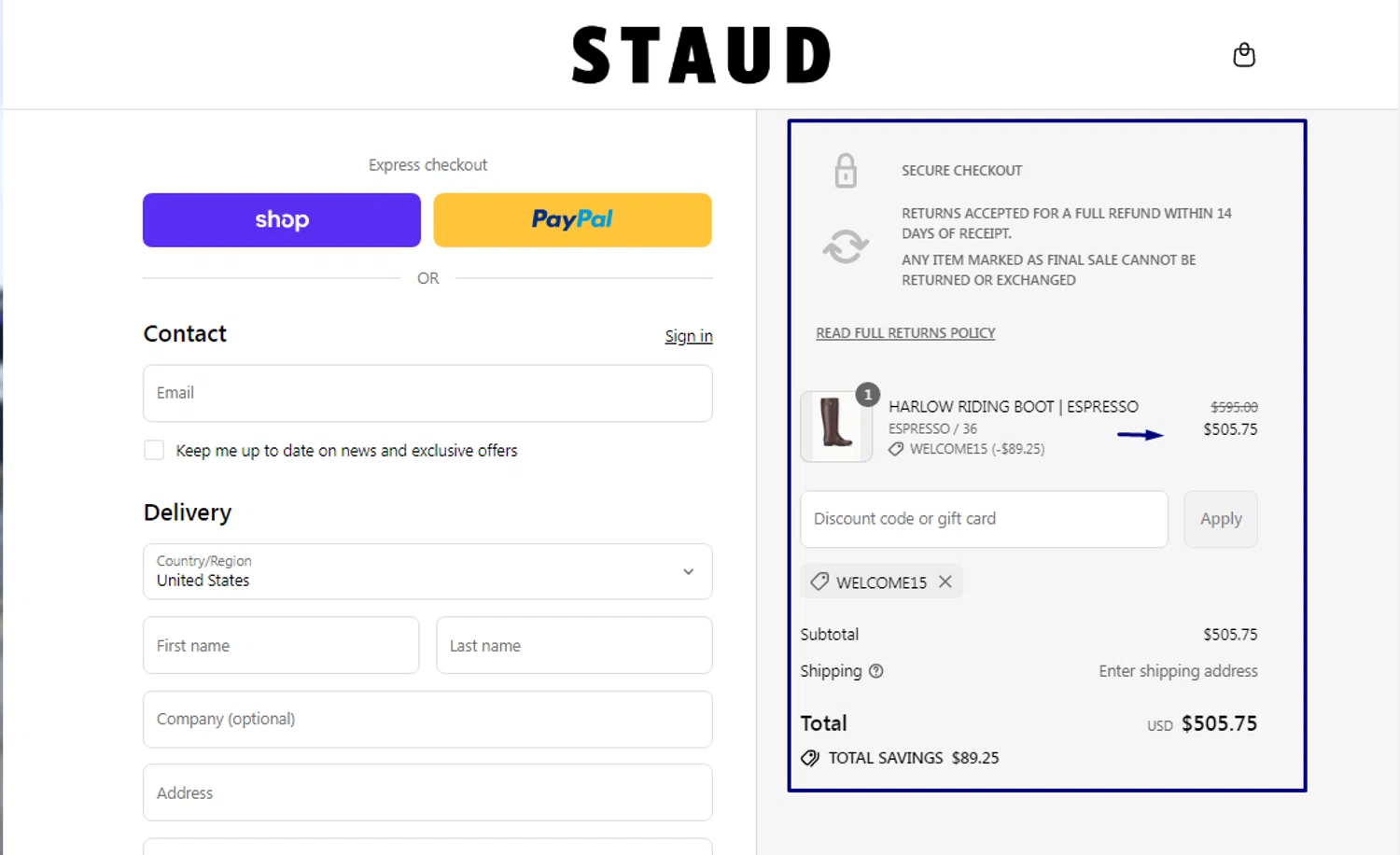 Staud promo code screenshot showing code WELCOME15 applied at Staud checkout page. Uploaded by SimplyCodes community member kaneky on Sep 10, 2025