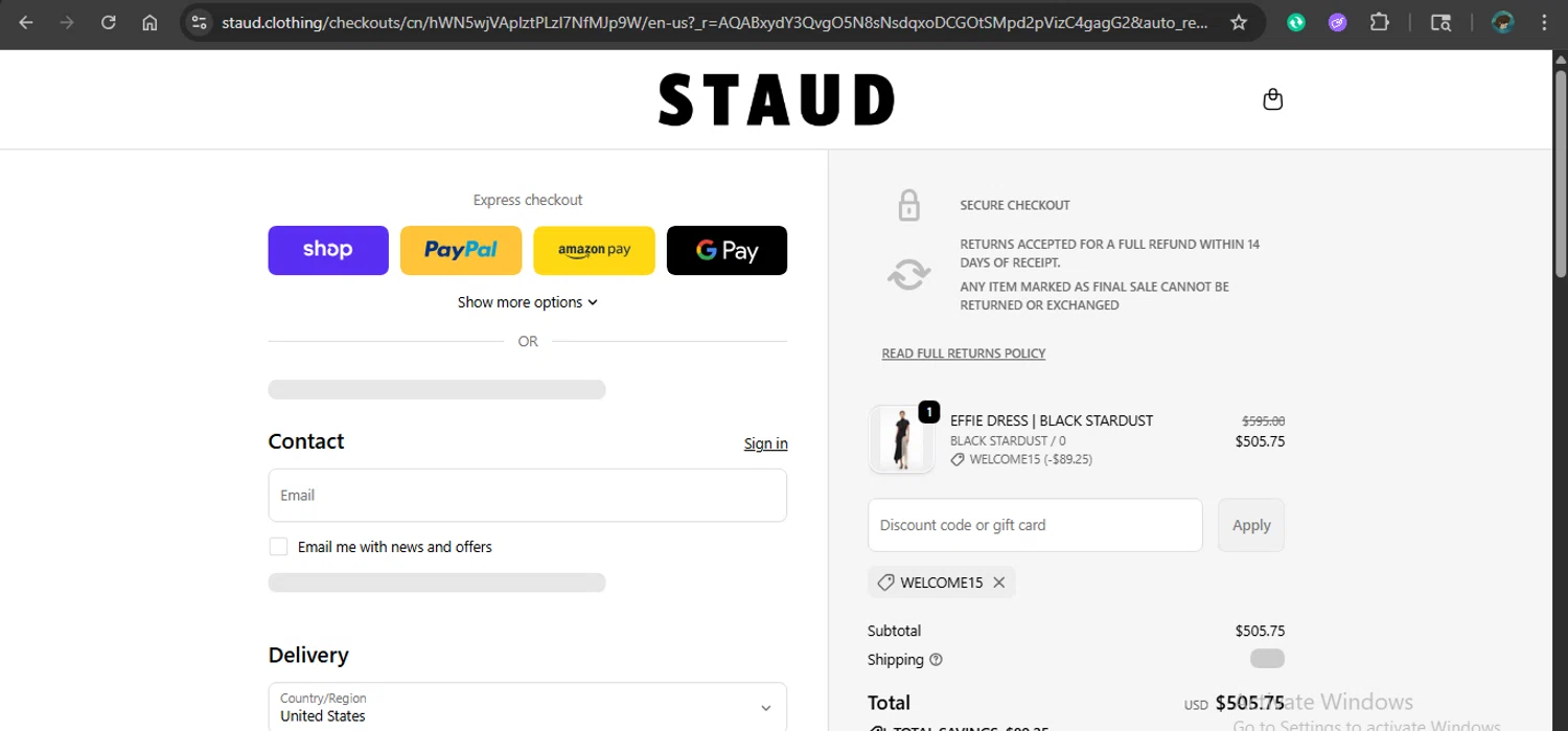 Staud promo code screenshot showing code WELCOME15 applied at Staud checkout page. Uploaded by SimplyCodes community member xAngel on Dec 2, 2025