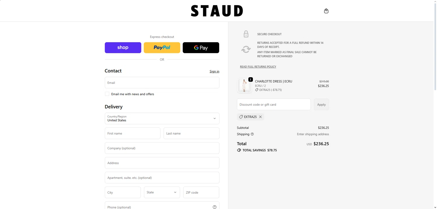 Staud promo code screenshot showing code extra25 applied at Staud checkout page. Uploaded by SimplyCodes community member Dorothy on Dec 26, 2025