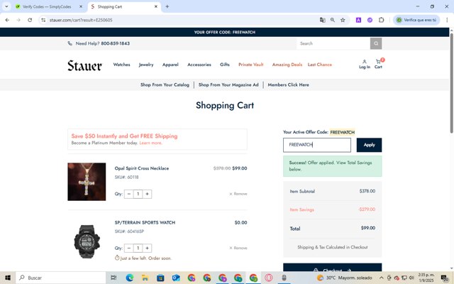 Stauer checkout page showing Stauer discount code box | Screenshot taken by SimplyCodes community member on Sep 1, 2025