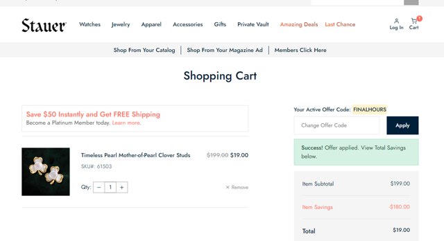 Stauer checkout page showing Stauer discount code box | Screenshot taken by SimplyCodes community member on Aug 24, 2025