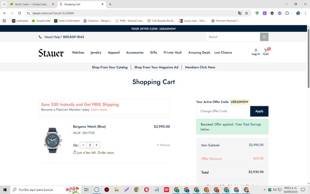 Stauer checkout page showing Stauer discount code box | Screenshot taken by SimplyCodes community member on Sep 4, 2025