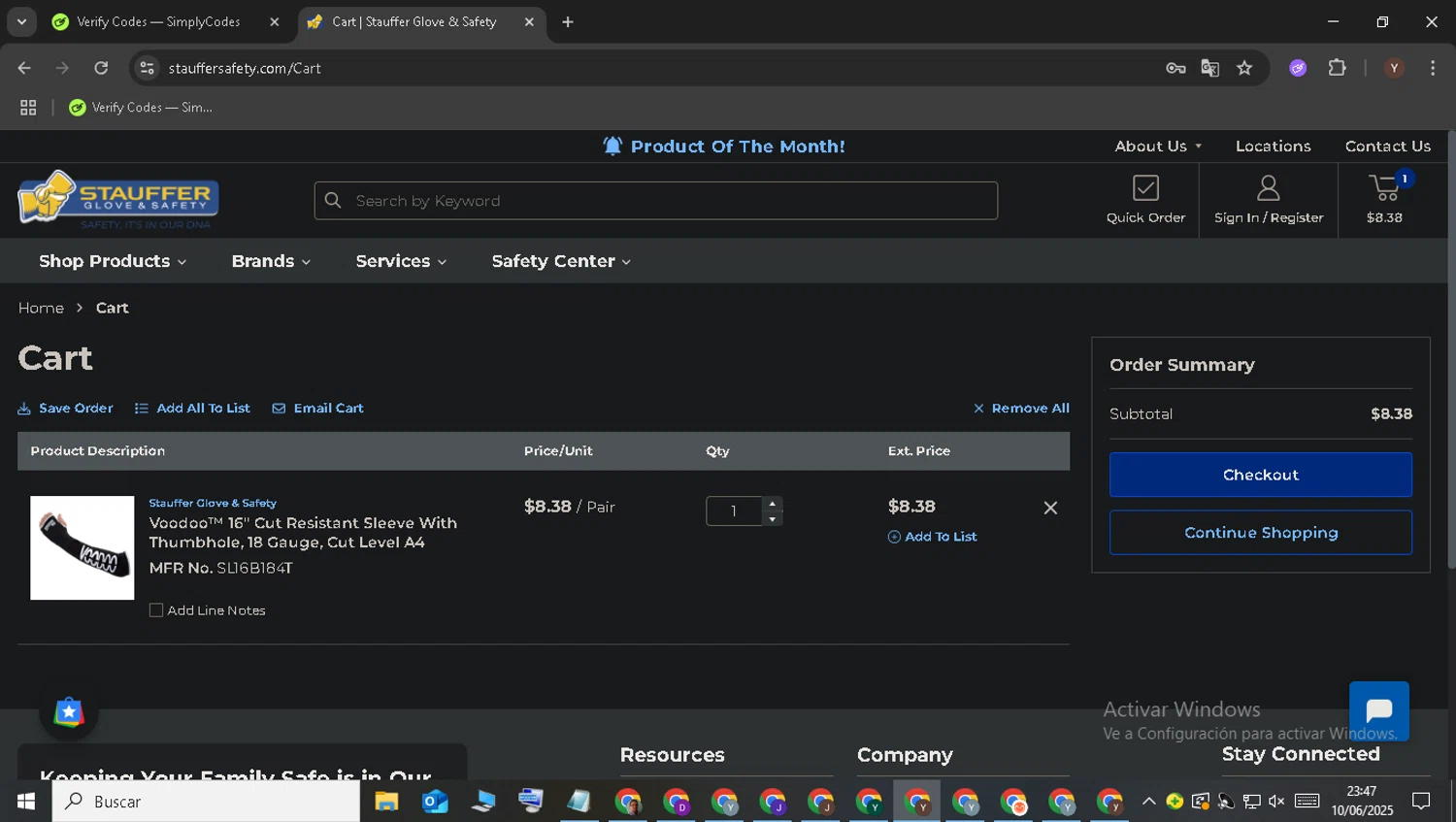 Stauffer Glove & Safety promo code screenshot showing code CSERV5 applied at Stauffer Glove & Safety checkout page. Uploaded by SimplyCodes community member LegendaryTitan3375 on Jun 11, 2025