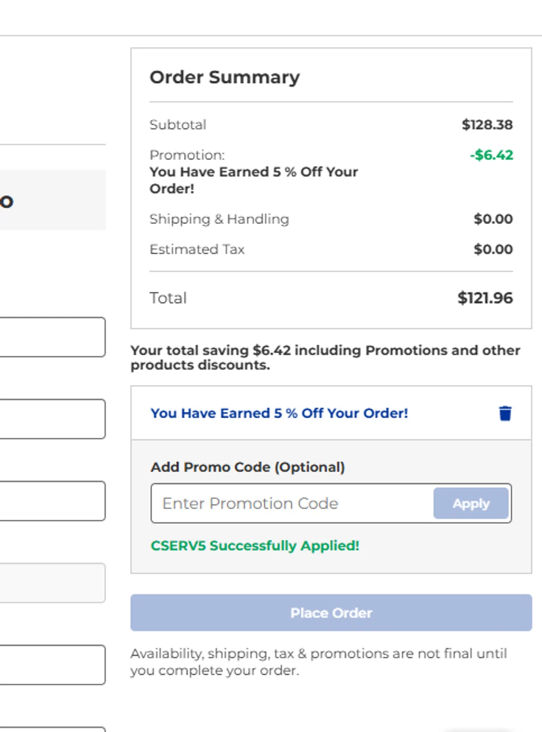 Stauffer Glove & Safety promo code screenshot showing code CSERV5 applied at Stauffer Glove & Safety checkout page. Uploaded by SimplyCodes community member kakashi209 on May 14, 2025