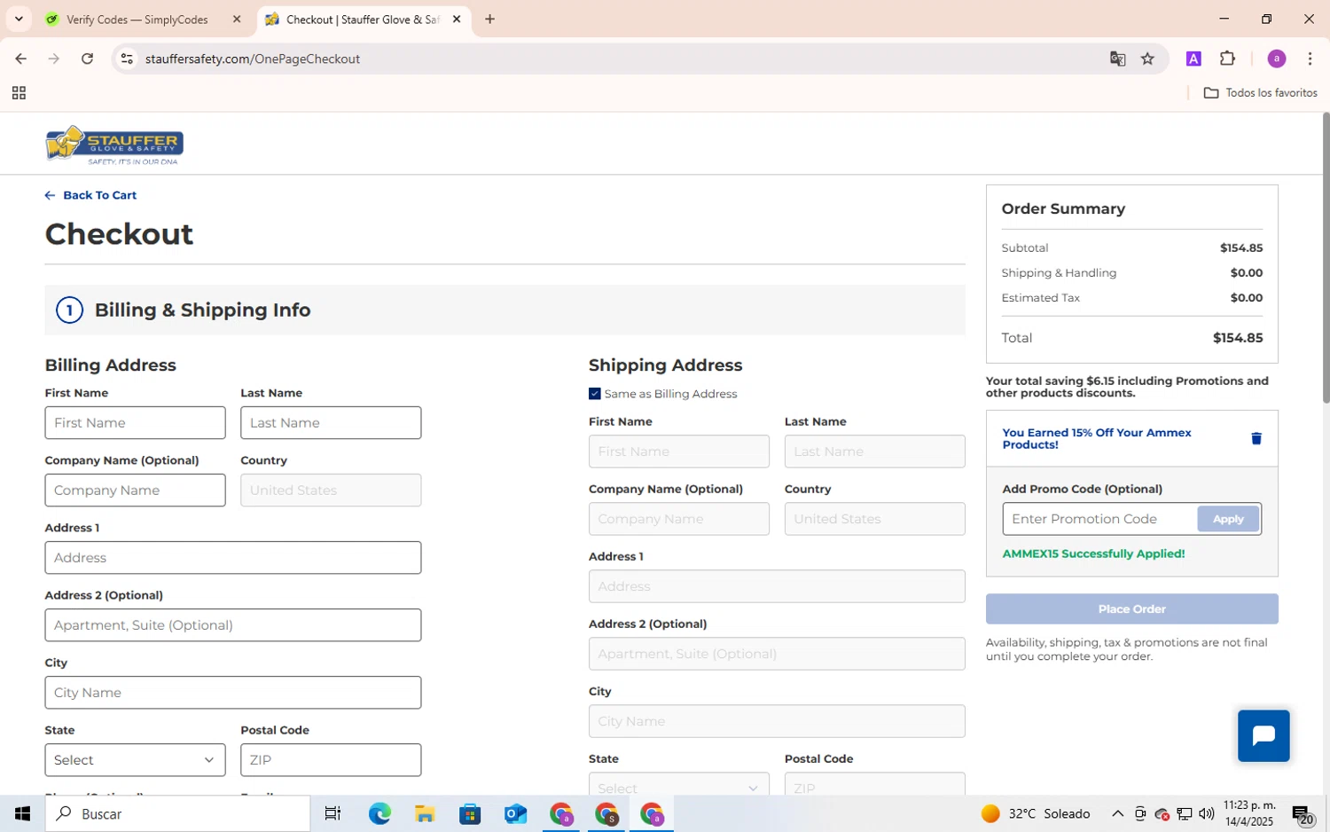 Stauffer Glove & Safety promo code screenshot showing code AMMEX15 applied at Stauffer Glove & Safety checkout page. Uploaded by SimplyCodes community member Andygar on Apr 14, 2025