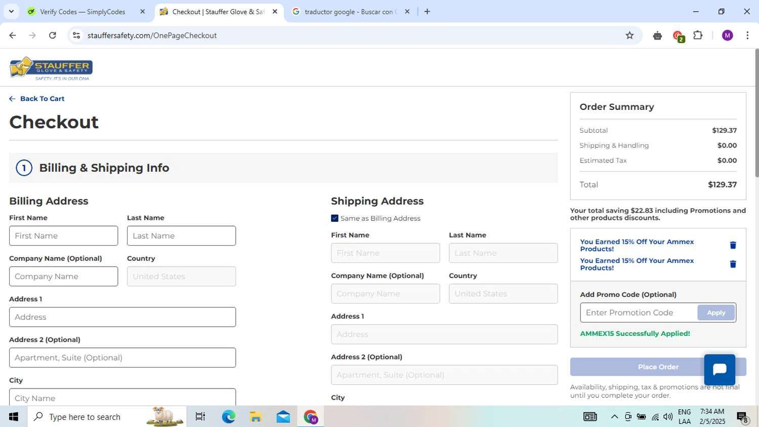 Stauffer Glove & Safety checkout page showing Stauffer Glove & Safety promo code box | Screenshot taken by SimplyCodes community member on Feb 5, 2025