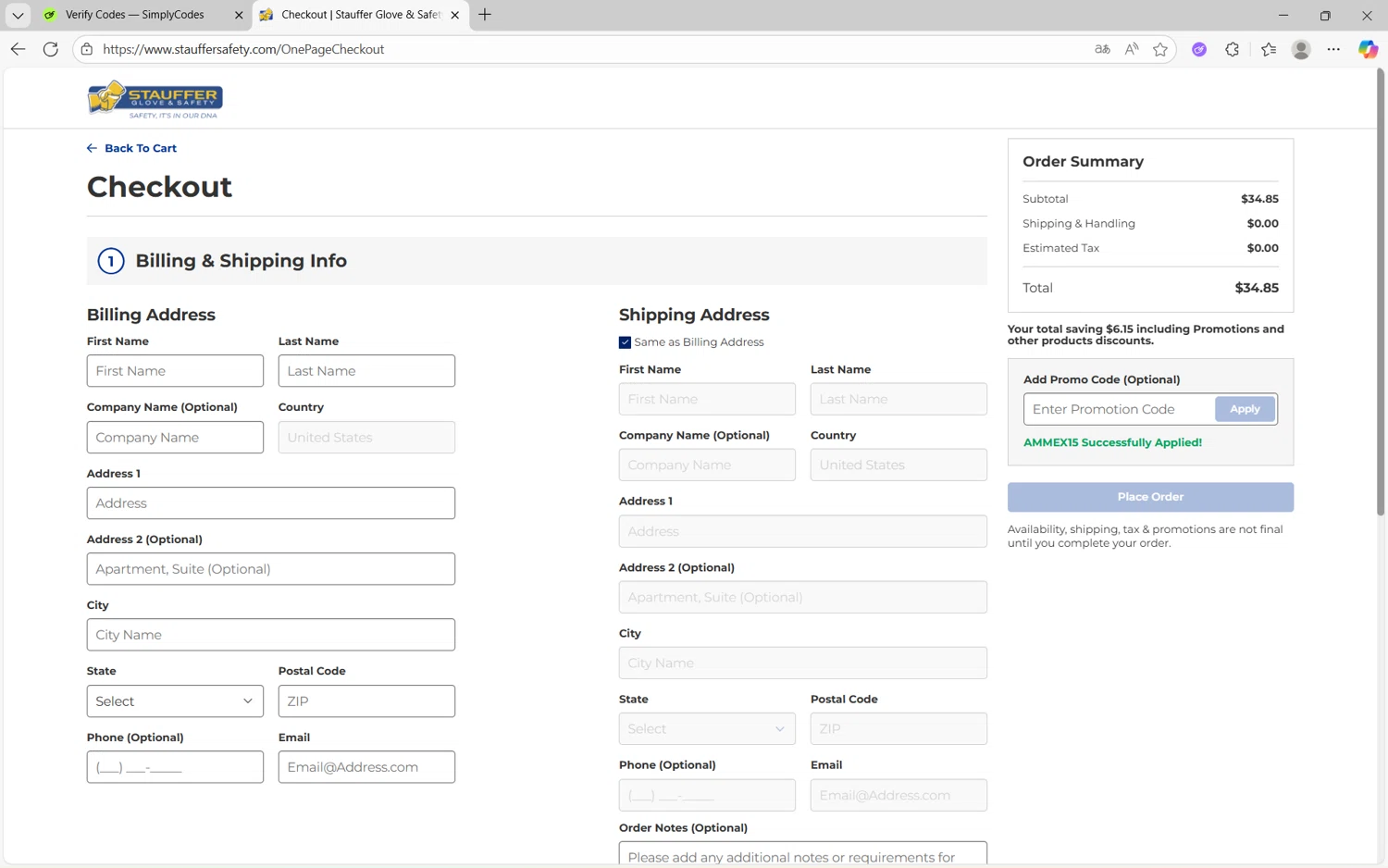 Stauffer Glove & Safety promo code screenshot showing code AMMEX15 applied at Stauffer Glove & Safety checkout page. Uploaded by SimplyCodes community member frijolito on Oct 28, 2025