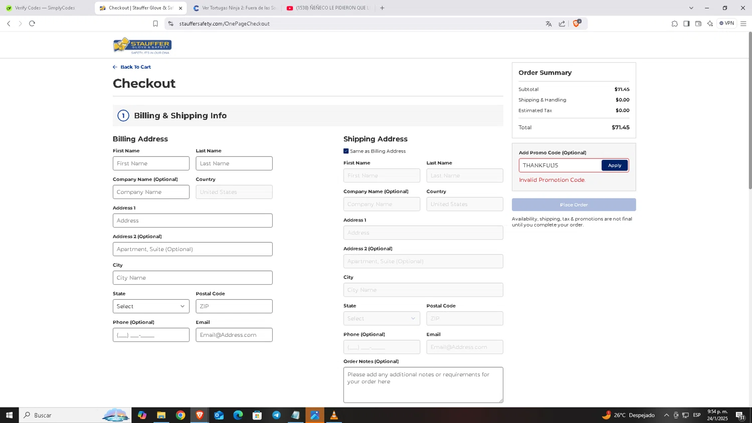 Stauffer Glove & Safety promo code screenshot showing code THANKFUL15 applied at Stauffer Glove & Safety checkout page. Uploaded by SimplyCodes community member Carloscoder_900457733 on Jan 25, 2025