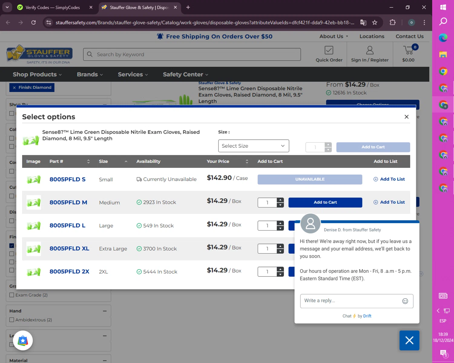 Stauffer Glove & Safety checkout page showing Stauffer Glove & Safety promo code box | Screenshot taken by SimplyCodes community member on Dec 18, 2024