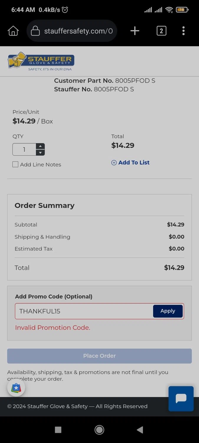 Stauffer Glove & Safety promo code screenshot showing code THANKFUL15 applied at Stauffer Glove & Safety checkout page. Uploaded by SimplyCodes community member joaojesus on Dec 30, 2024