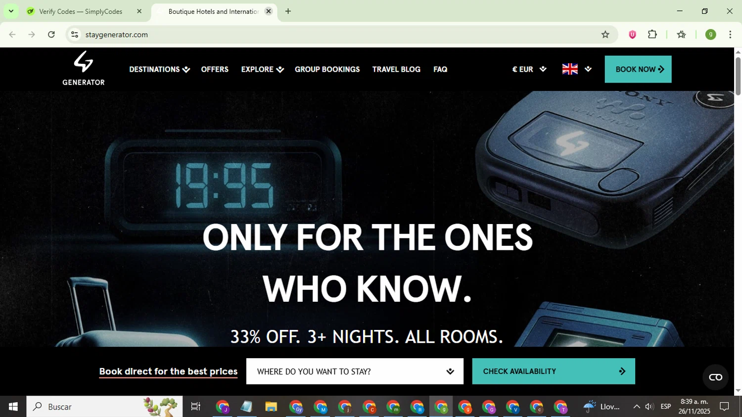 Stay Generator promo code screenshot showing code SAVE20 applied at Stay Generator checkout page. Uploaded by SimplyCodes community member ValiantMaestro6680 on Nov 26, 2025