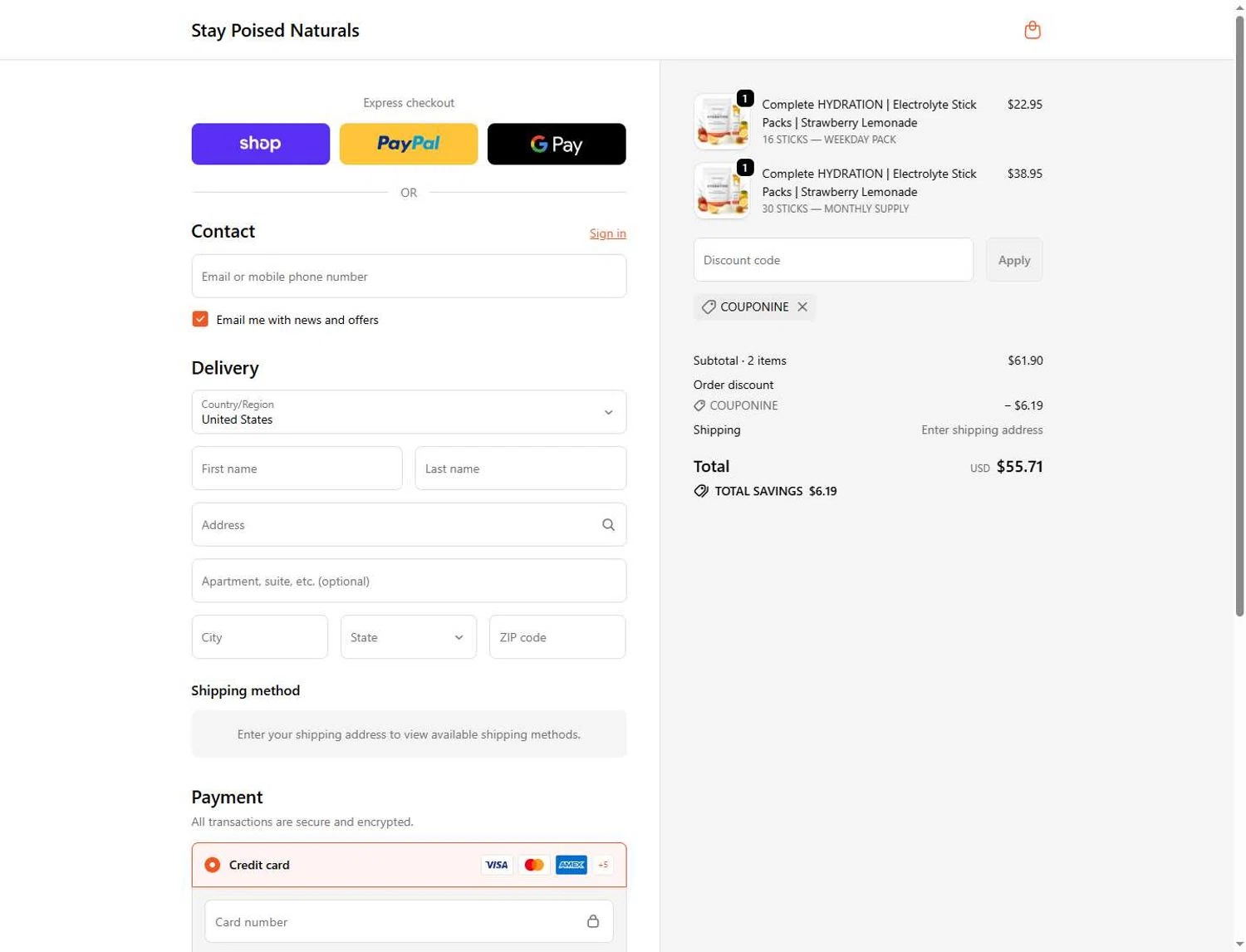 Stay Poised Naturals promo code screenshot showing code COUPONINE applied at Stay Poised Naturals checkout page. Uploaded by SimplyCodes community member Sksjsjss on May 31, 2026