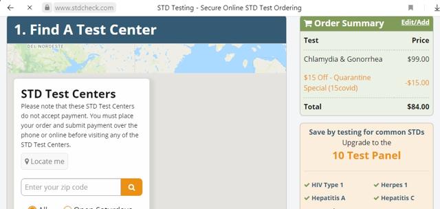 STDcheck.com checkout page showing STDcheck.com discount code box | Screenshot taken by SimplyCodes community member on Apr 23, 2021